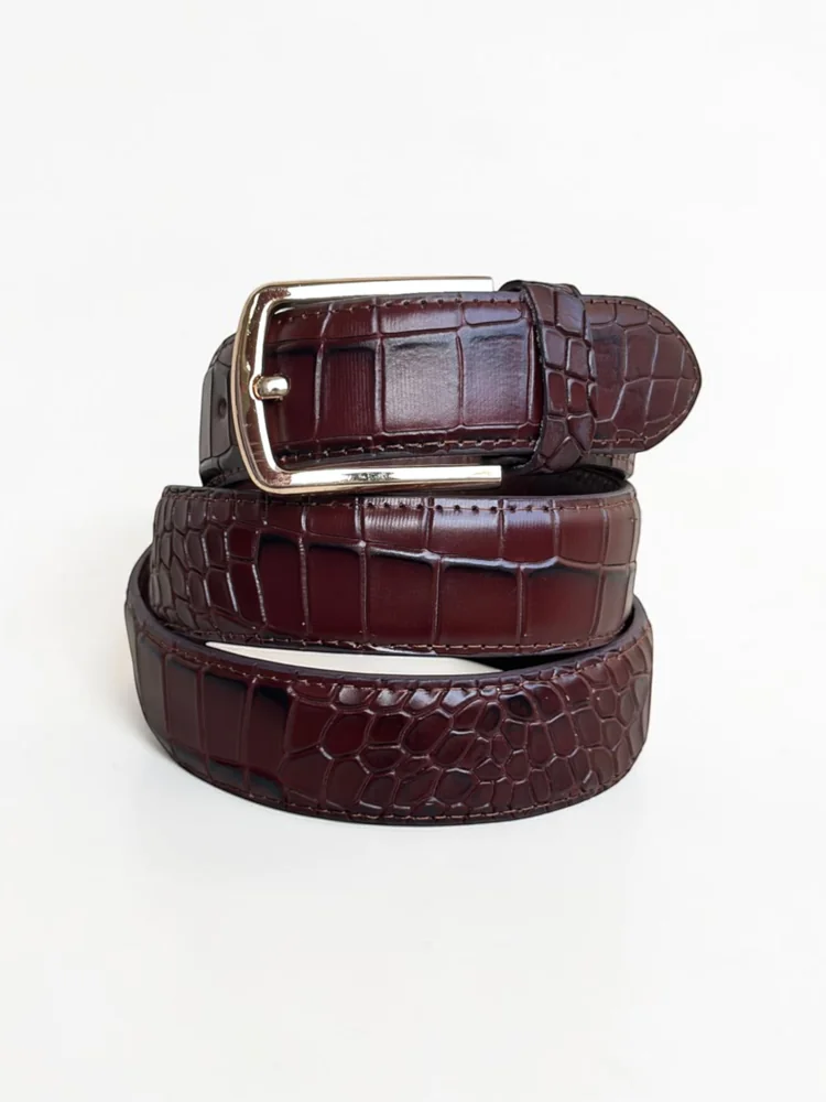 Men's Crocodile Embossed Leather Belt – Gold Buckle (Image 7)