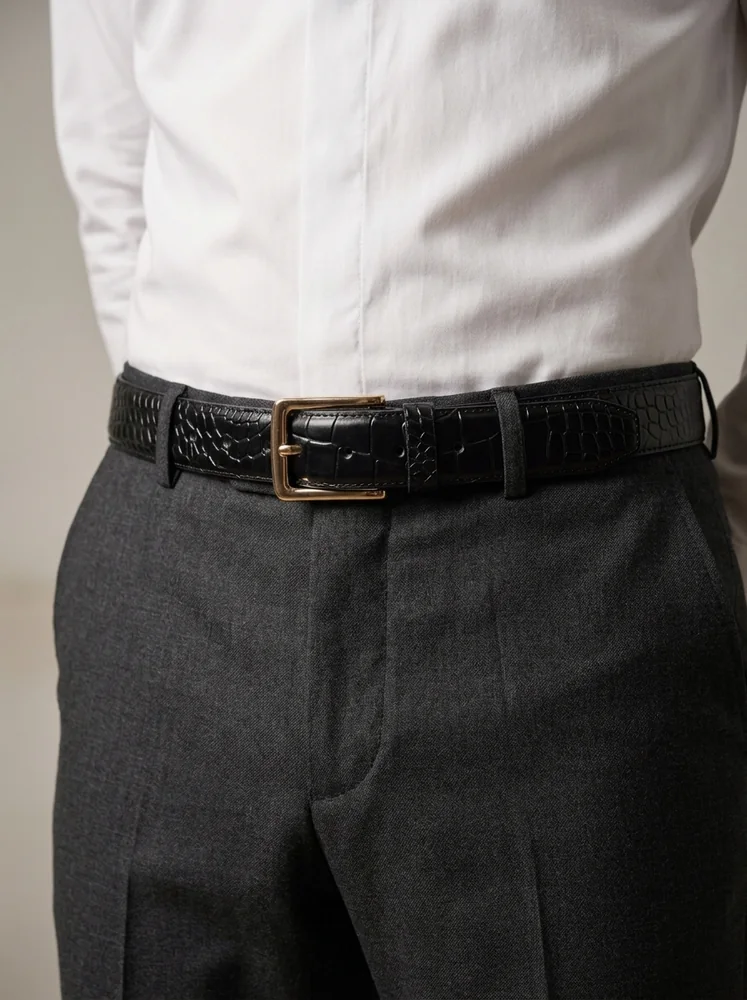 Men's Crocodile Embossed Leather Belt – Gold Buckle (Image 2)