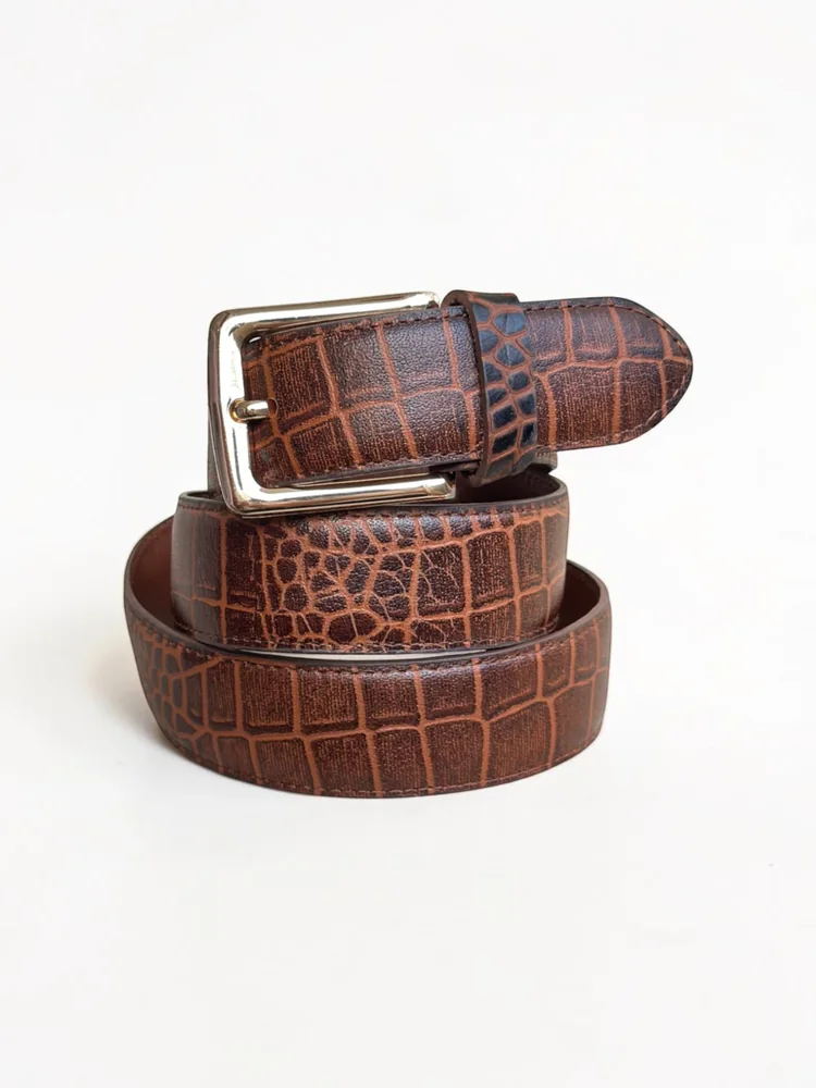 Men's Crocodile Embossed Leather Belt – Gold Buckle (Image 11)