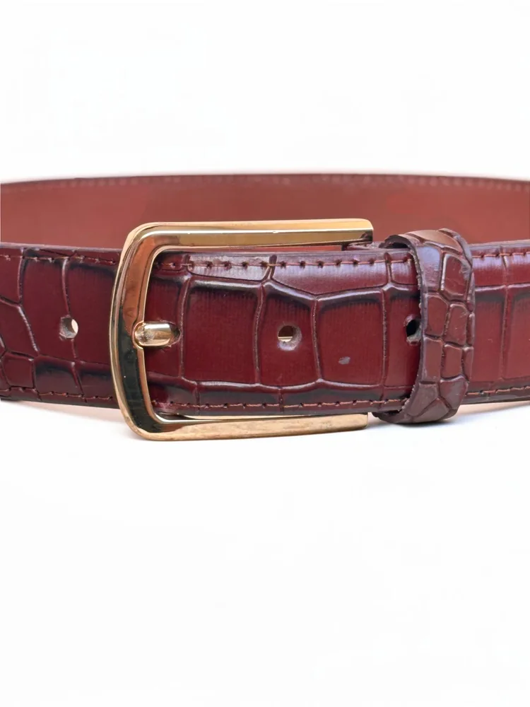 Men's Crocodile Embossed Leather Belt – Gold Buckle (Image 6)