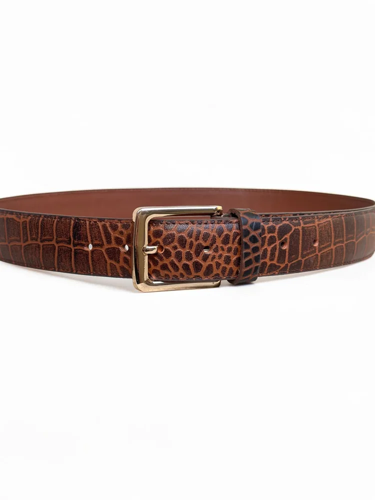 Men's Crocodile Embossed Leather Belt – Gold Buckle (Image 9)