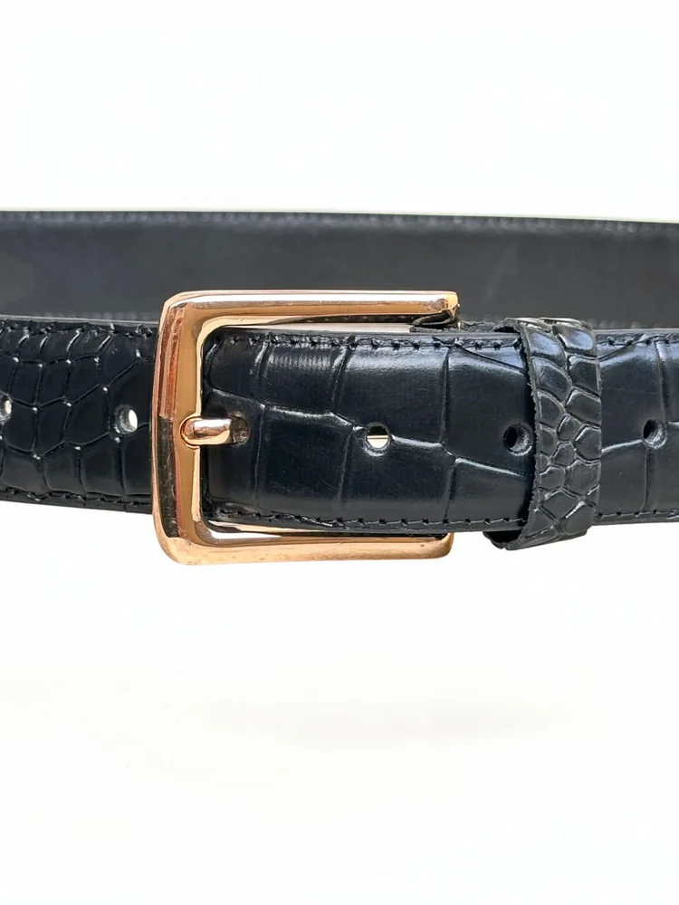 Men's Crocodile Embossed Leather Belt – Gold Buckle (Image 5)