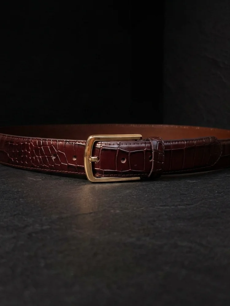 Men's Crocodile Embossed Leather Belt – Gold Buckle