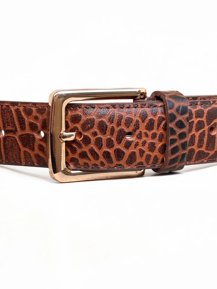Men's Crocodile Embossed Leather Belt – Gold Buckle (Image 10)