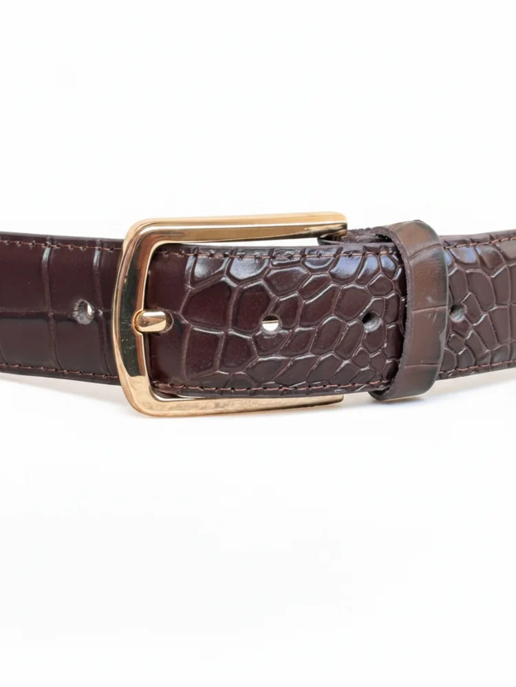 Men's Crocodile Embossed Leather Belt – Gold Buckle (Image 16)