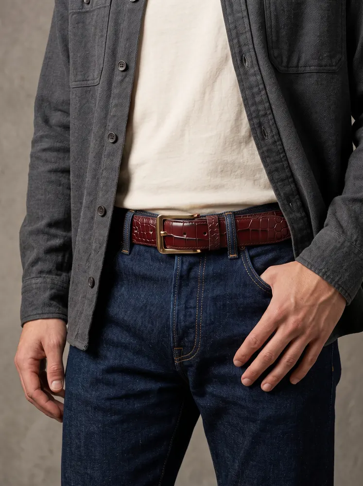 Men's Crocodile Embossed Leather Belt – Gold Buckle (Image 3)