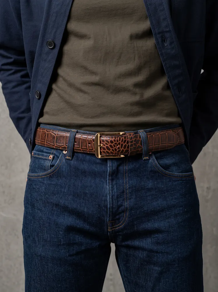 Men's Crocodile Embossed Leather Belt – Gold Buckle (Image 2)