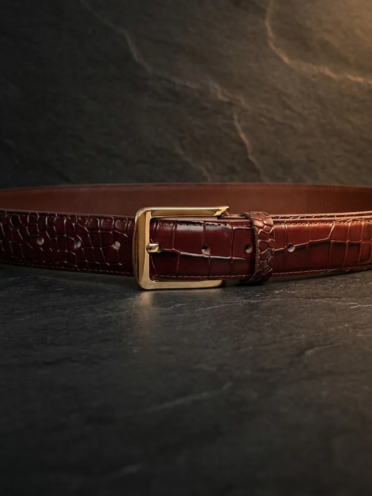 Men's Crocodile Embossed Leather Belt – Gold Buckle (Image 4)