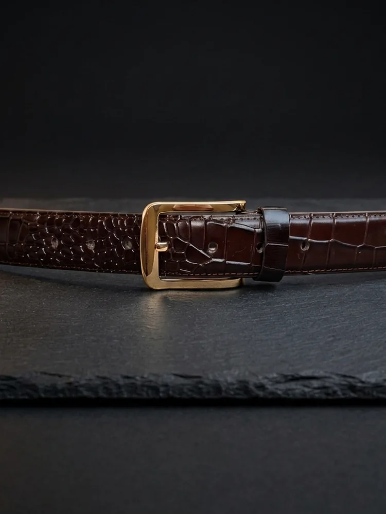 Men's Crocodile Embossed Leather Belt – Gold Buckle (Image 5)