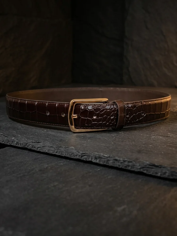 Men's Crocodile Embossed Leather Belt – Gold Buckle (Image 6)