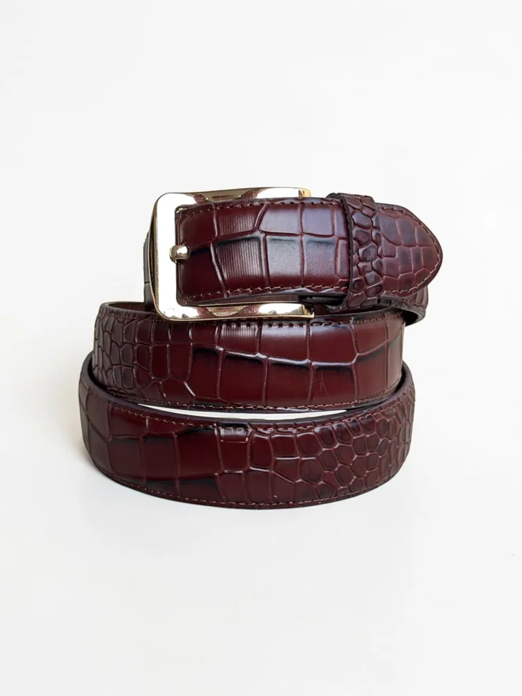 Men's Crocodile Embossed Leather Belt – Gold Buckle (Image 11)
