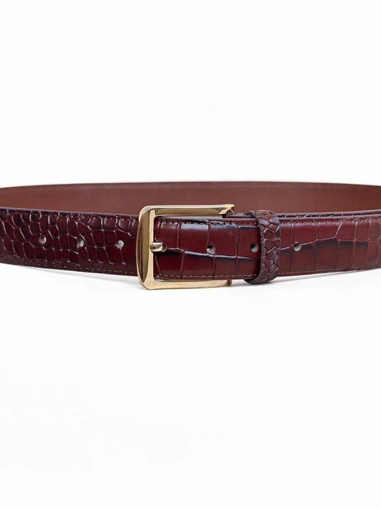 Men's Crocodile Embossed Leather Belt – Gold Buckle (Image 9)