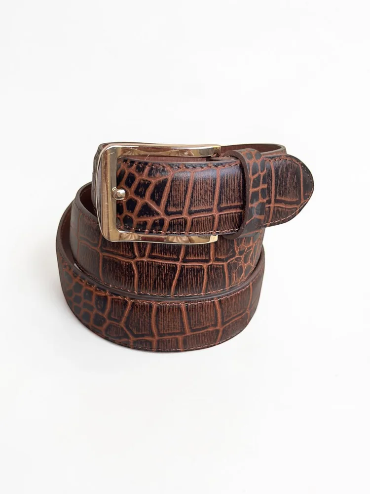Men's Crocodile Embossed Leather Belt – Gold Buckle (Image 8)