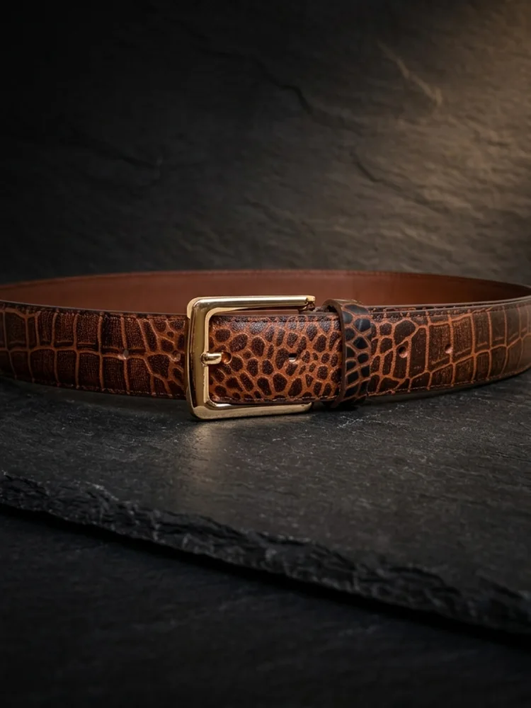 Men's Crocodile Embossed Leather Belt – Gold Buckle (Image 4)