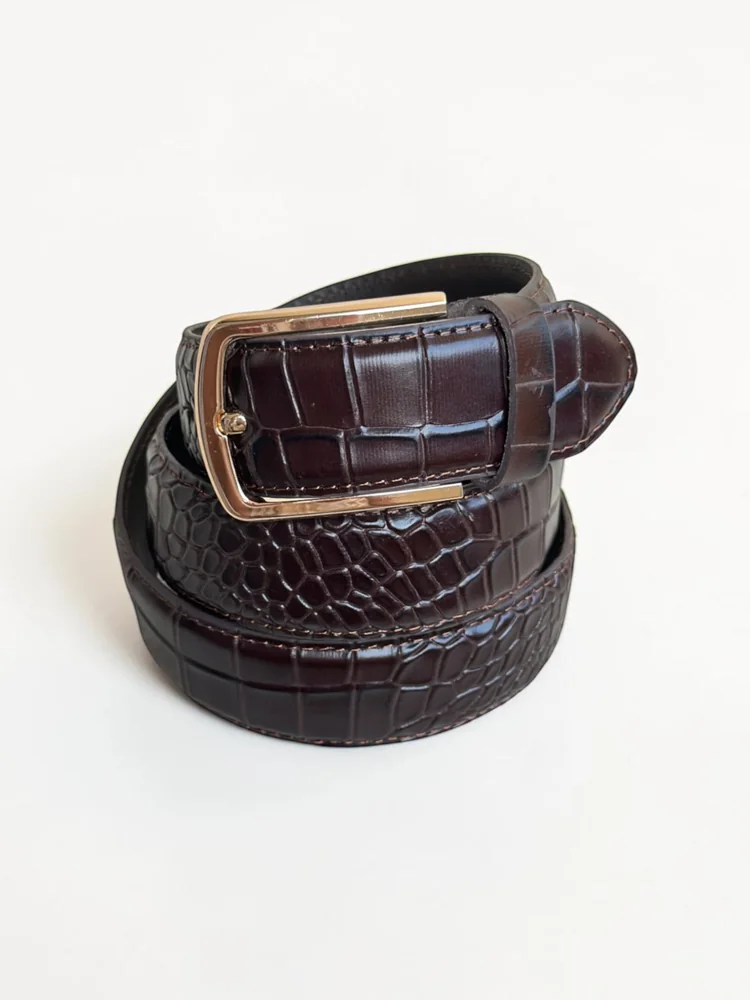 Men's Crocodile Embossed Leather Belt – Gold Buckle (Image 18)