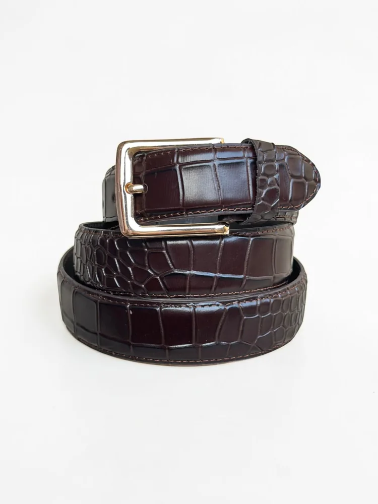 Men's Crocodile Embossed Leather Belt – Gold Buckle (Image 9)
