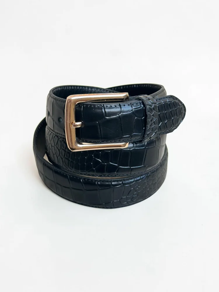 Men's Crocodile Embossed Leather Belt – Gold Buckle (Image 7)