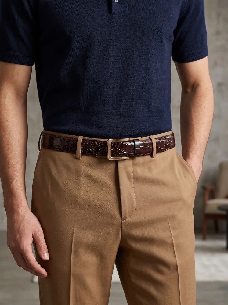 Men's Crocodile Embossed Leather Belt – Gold Buckle (Image 4)