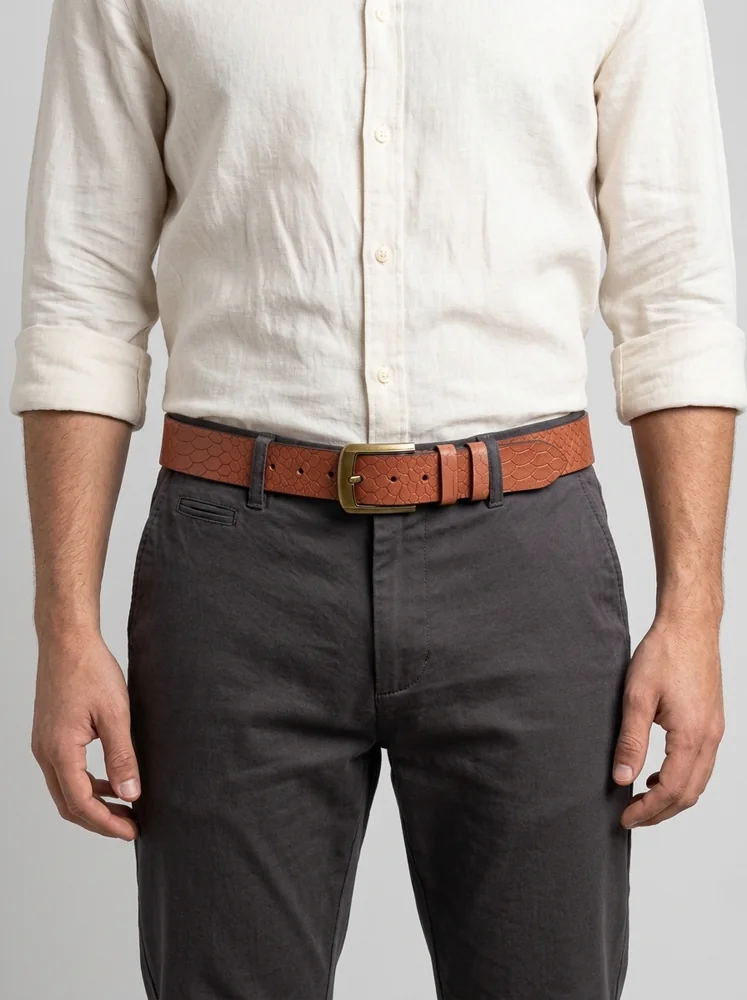 Men's Embossed Cowhide Leather Belt – Floral Basketweave (Image 3)