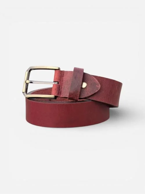 Men’s Red Leather Belt with Brass Buckle (Image 3)