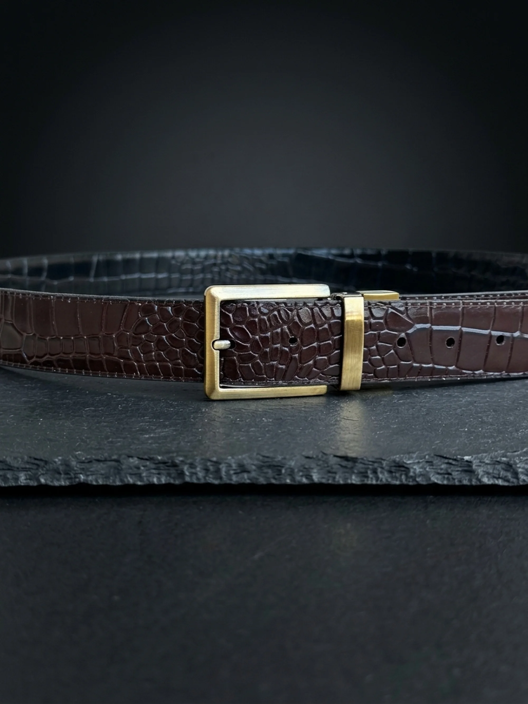 Men's Reversible Crocodile Leather Belt – Bronze Buckle