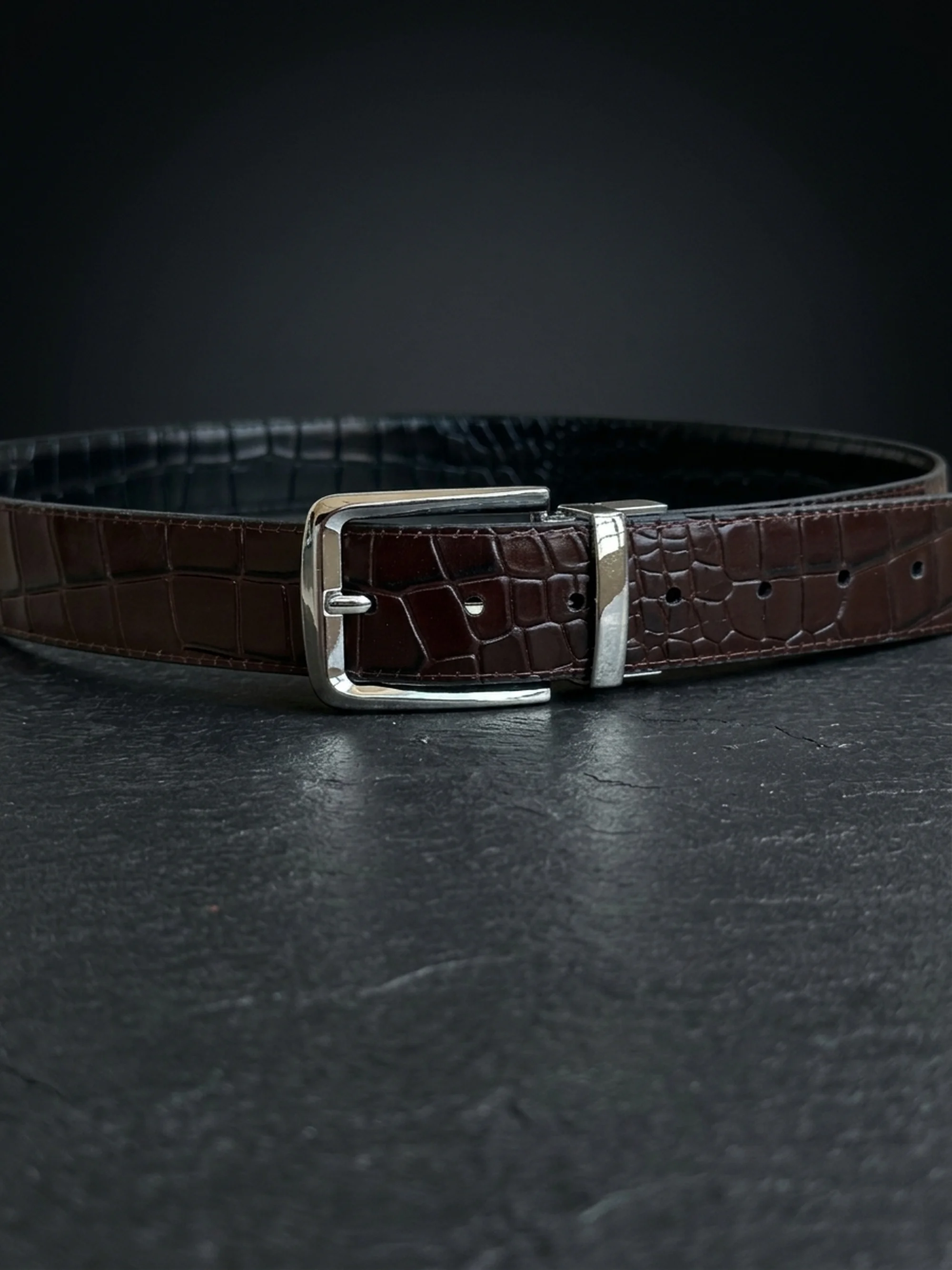 Men's Reversible Crocodile Leather Belt – Silver Buckle