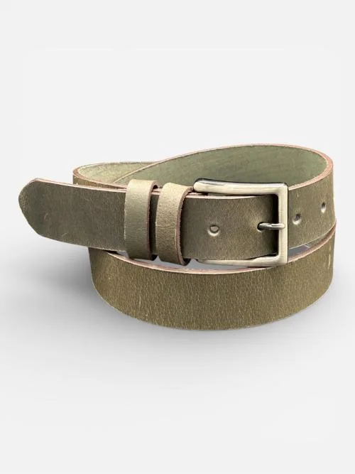 Olive Leather Belt, Silver Buckle (Image 2)