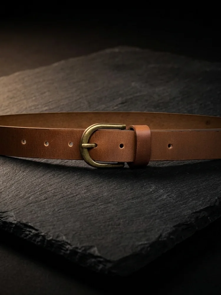 Women's Leather Belt with Antique Brass Buckle