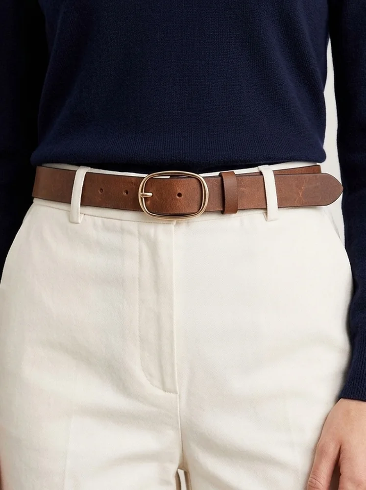Women's Leather Belt with Gold Oval Buckle (Image 2)