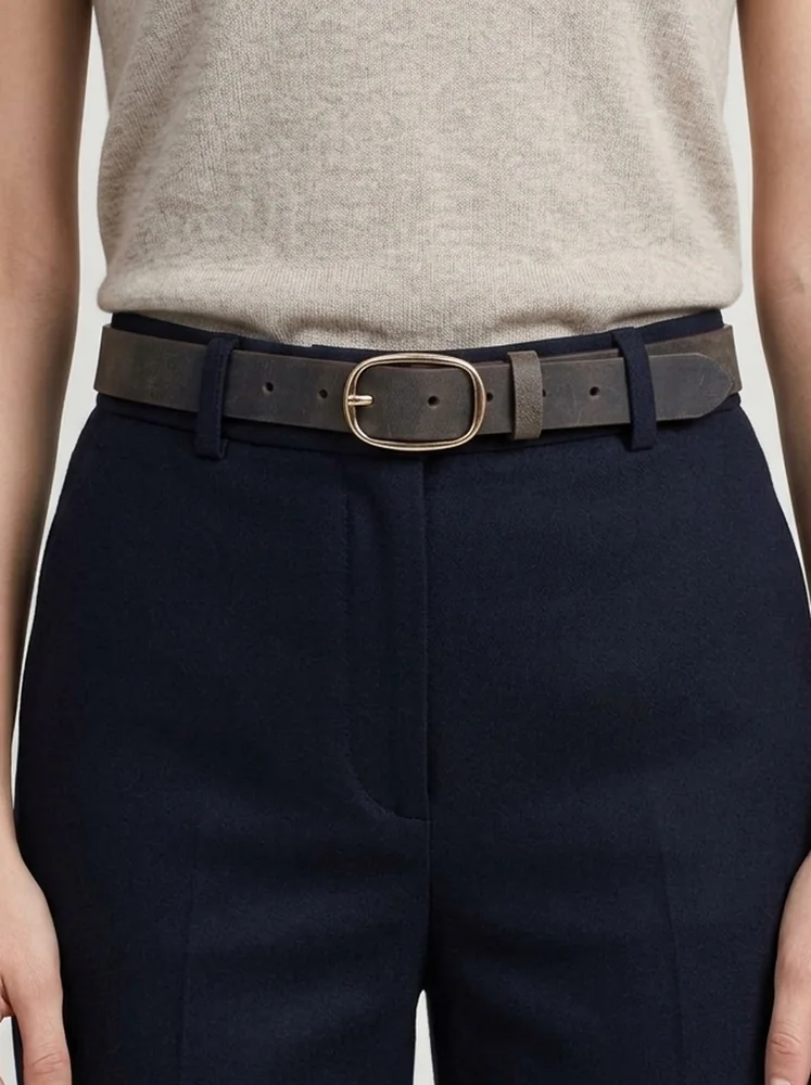 Women's Leather Belt with Gold Oval Buckle (Image 2)