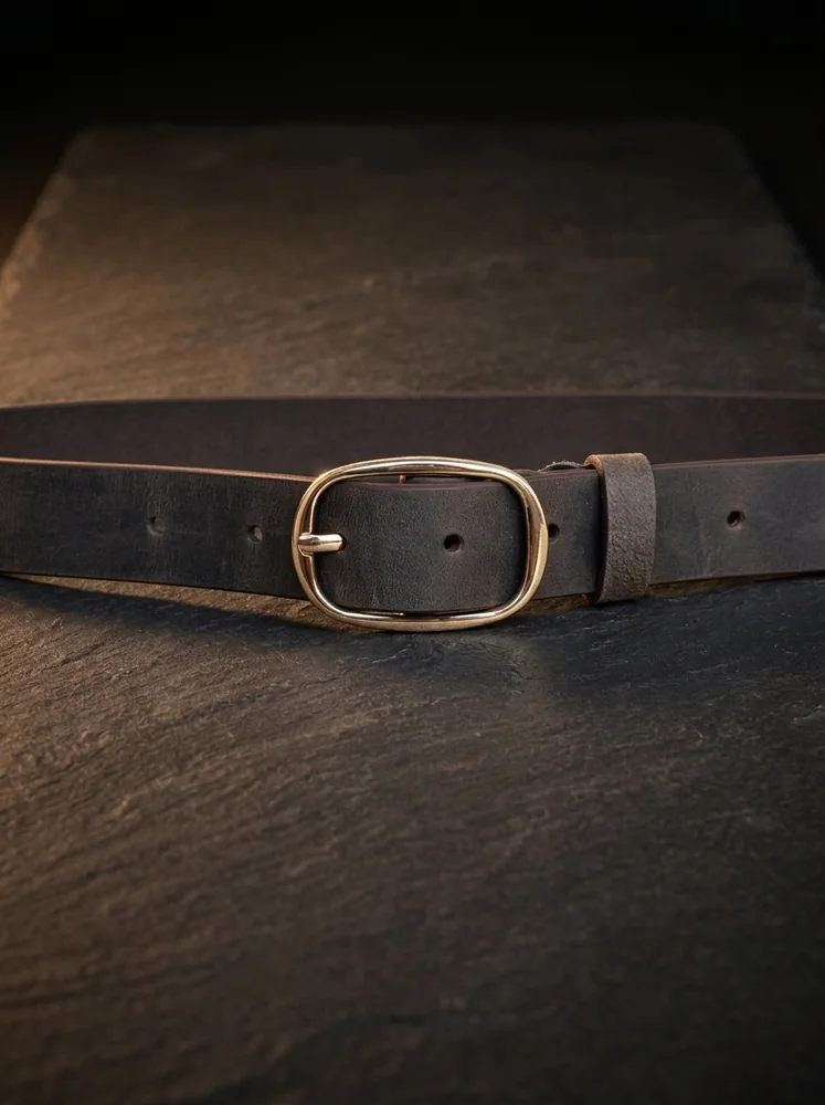 Women's Leather Belt with Gold Oval Buckle