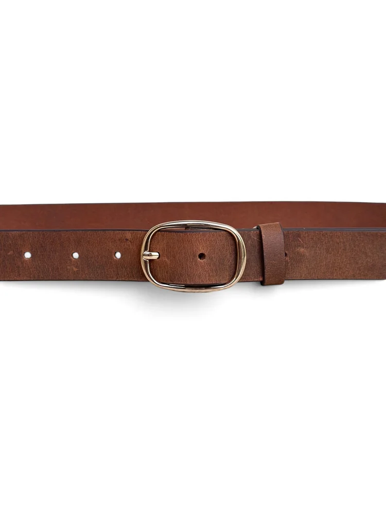 Women's Leather Belt with Gold Oval Buckle (Image 4)