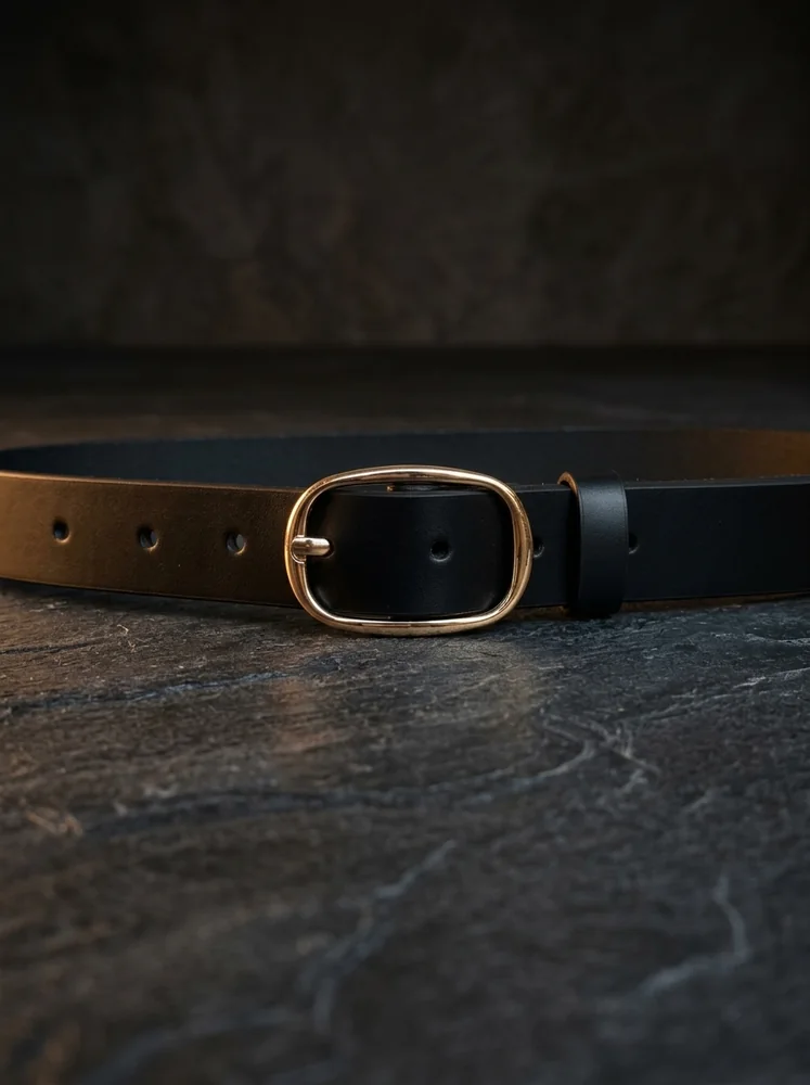Women's Leather Belt with Gold Oval Buckle