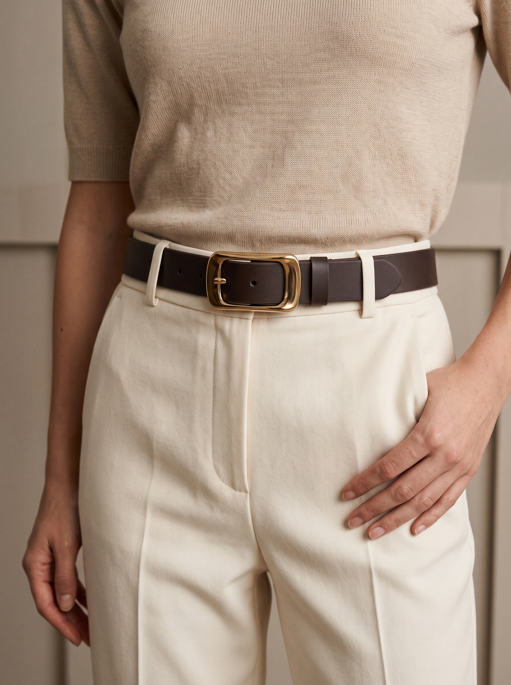 Women's Leather Belt with Gold Rectangular Buckle (Image 3)