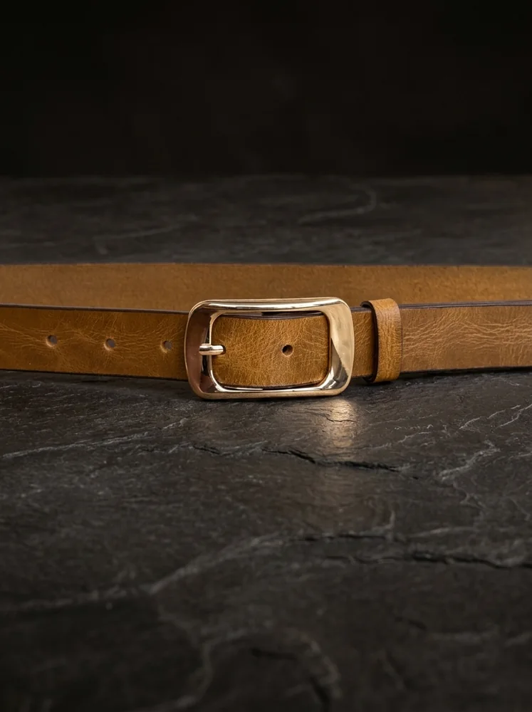 Women's Leather Belt with Gold Rectangular Buckle