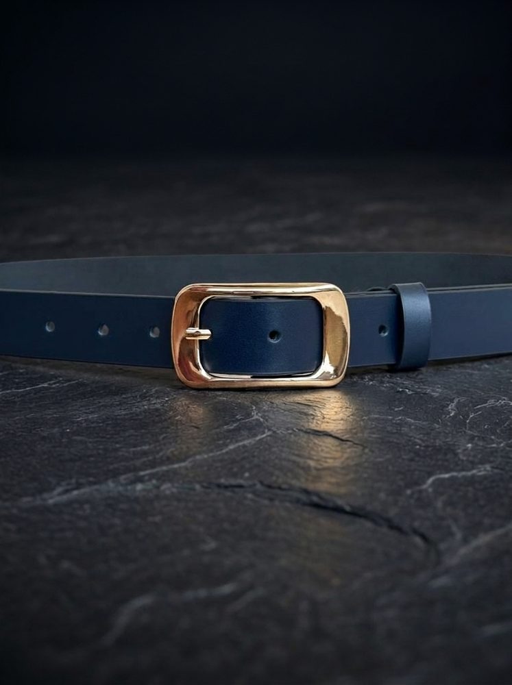 Women's Leather Belt with Gold Rectangular Buckle