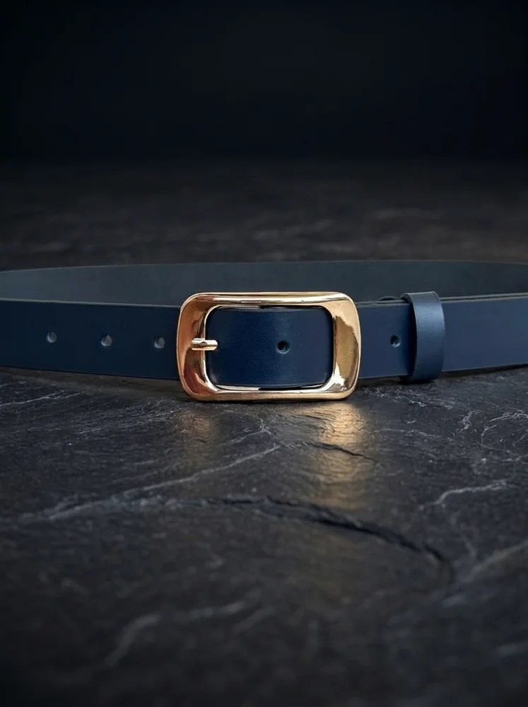 Women's Leather Belt with Gold Rectangular Buckle