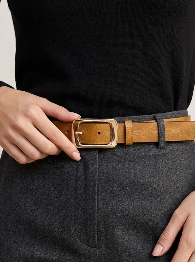 Women's Leather Belt with Gold Rectangular Buckle (Image 2)