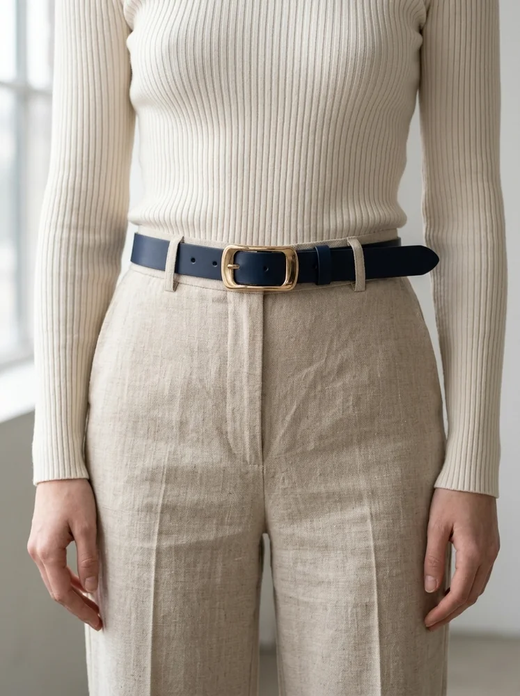 Women's Leather Belt with Gold Rectangular Buckle (Image 2)