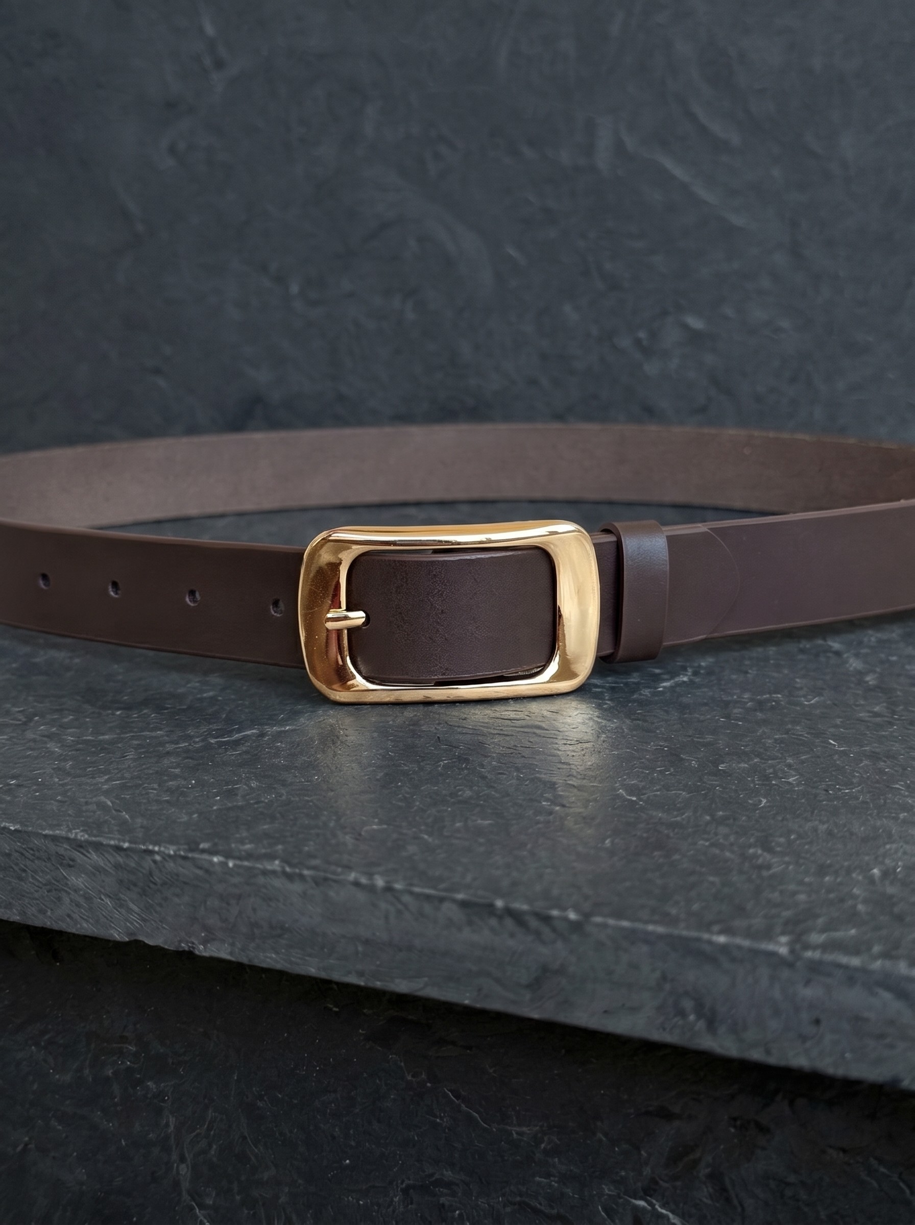 Women's Leather Belt with Gold Rectangular Buckle