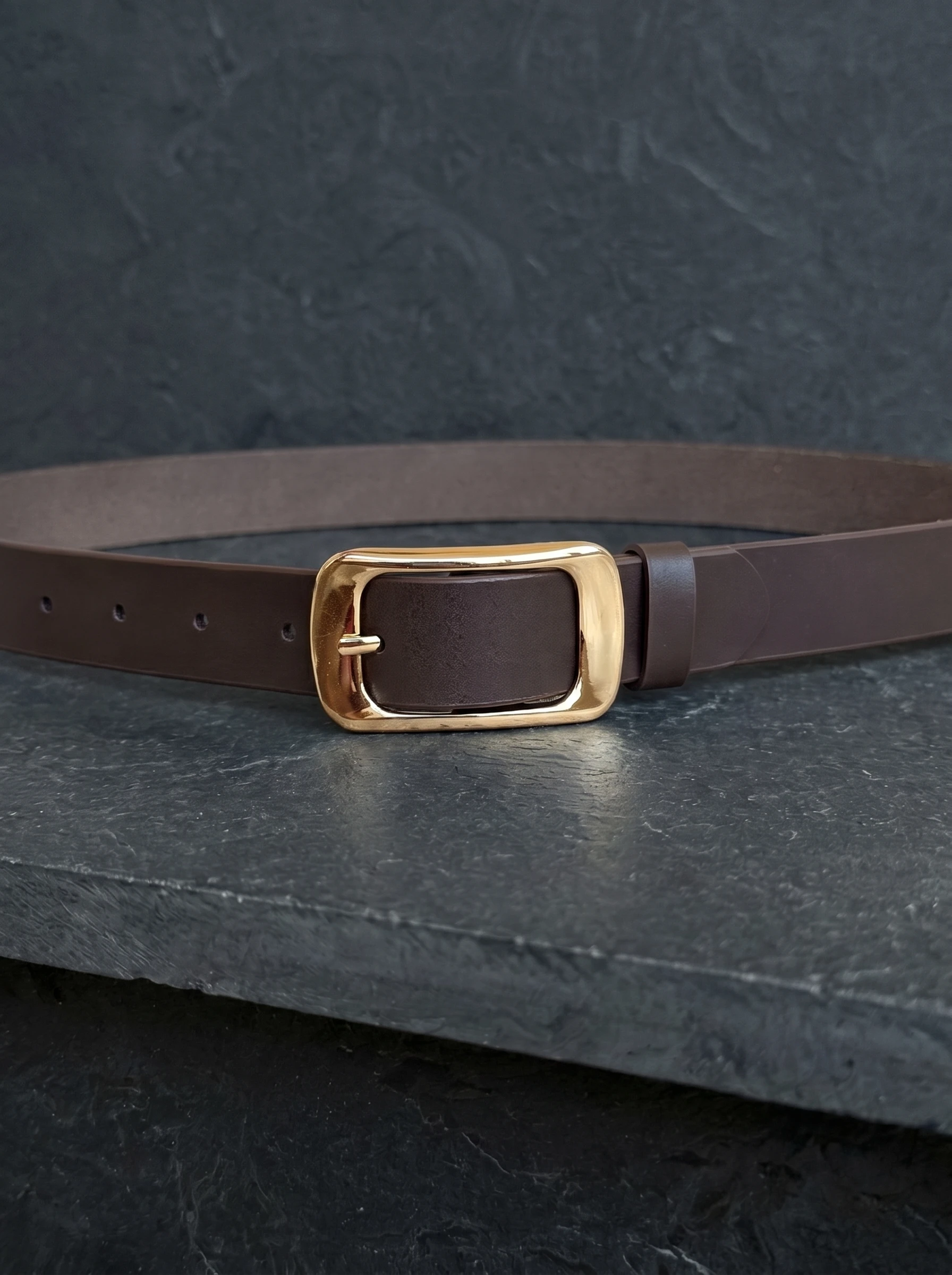 Women's Leather Belt with Gold Rectangular Buckle