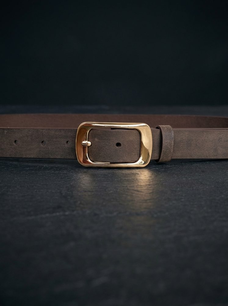 Women's Leather Belt with Gold Rectangular Buckle