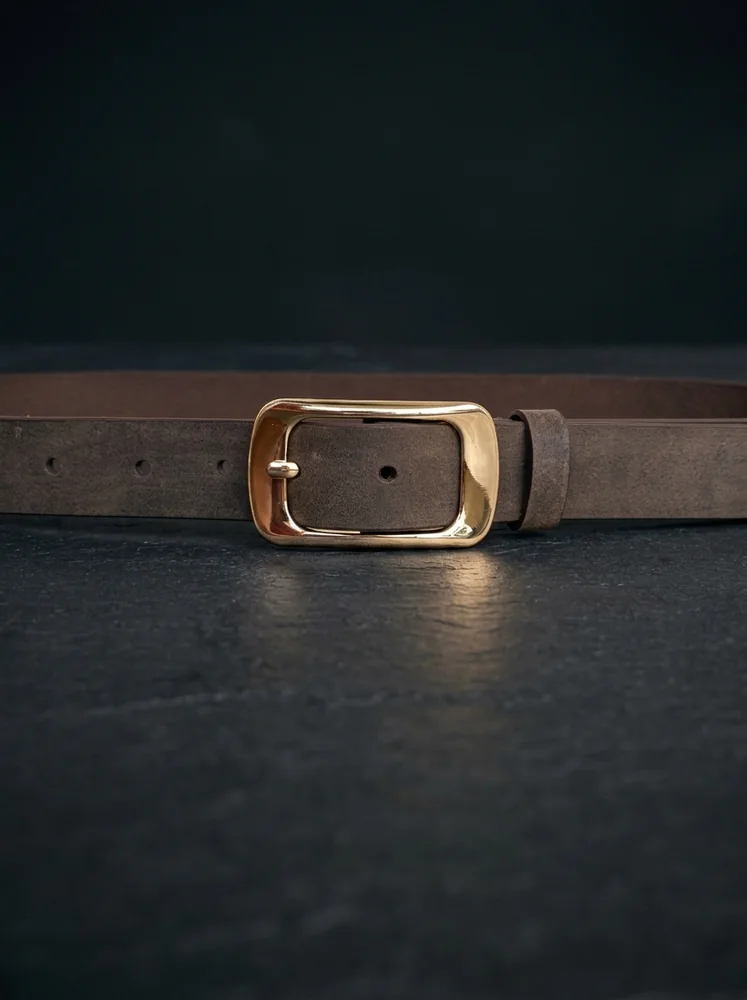 Women's Leather Belt with Gold Rectangular Buckle