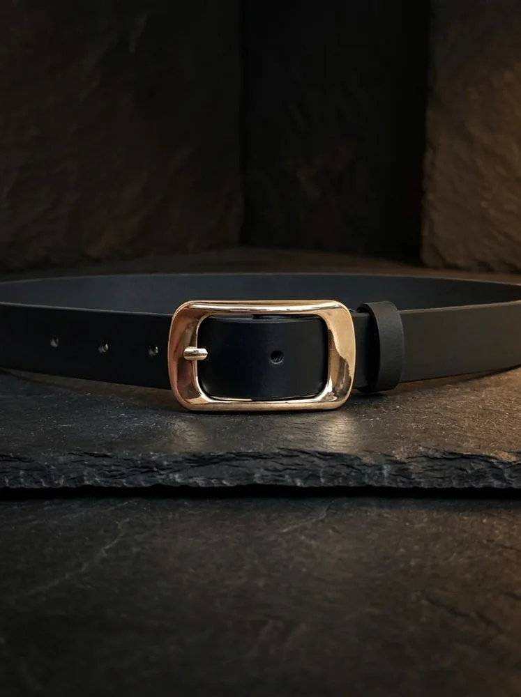 Women's Leather Belt with Gold Rectangular Buckle