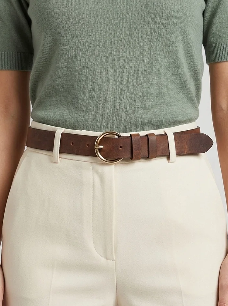 Women's Leather Belt with Gold Round Buckle (Image 2)