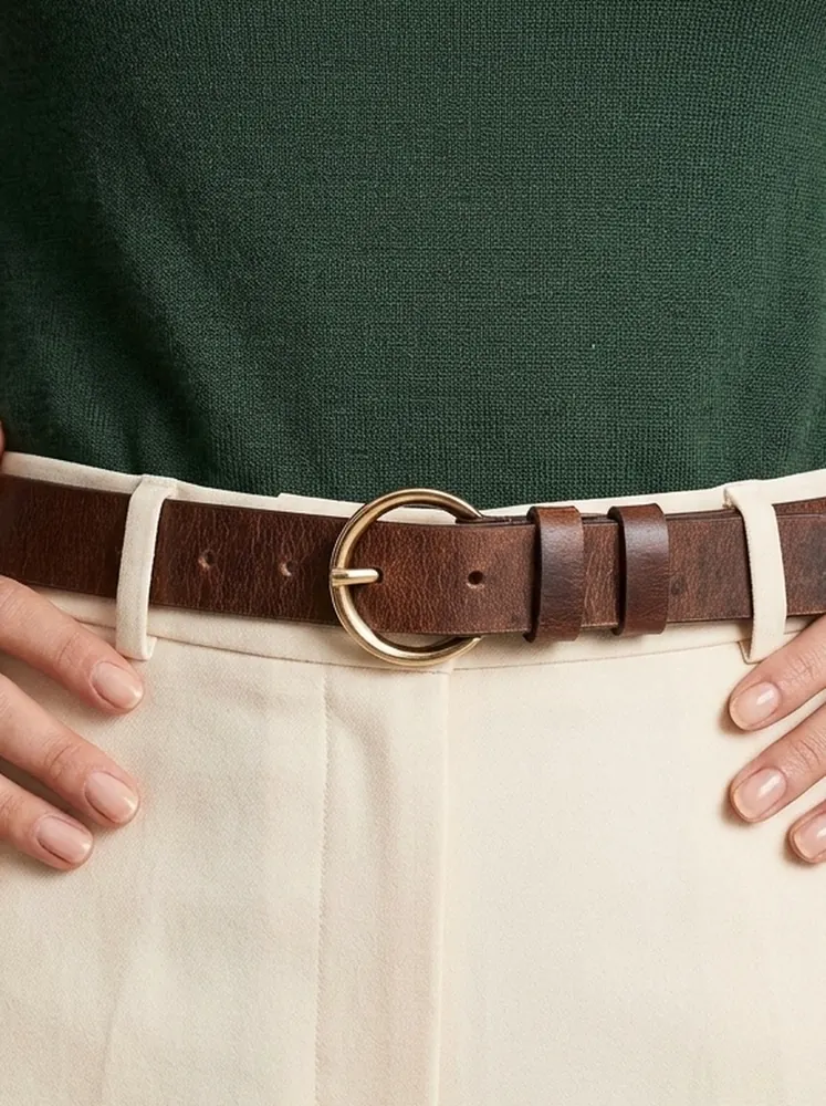 Women's Leather Belt with Gold Round Buckle (Image 2)