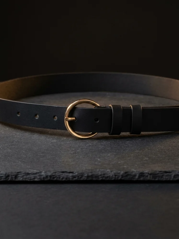 Women's Leather Belt with Gold Round Buckle