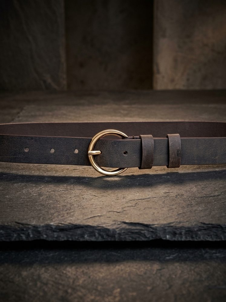 Women's Leather Belt with Gold Round Buckle