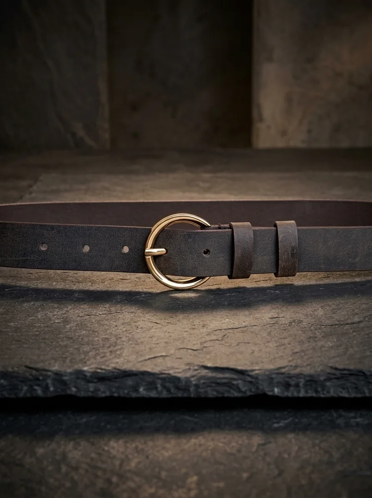 Women's Leather Belt with Gold Round Buckle