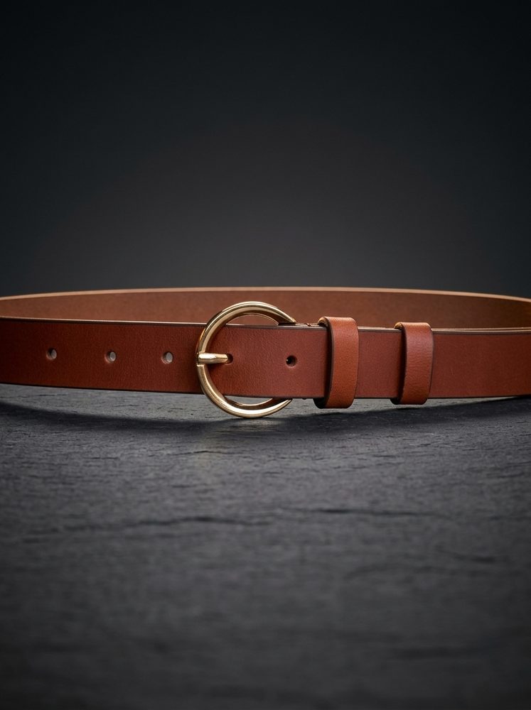 Women's Leather Belt with Gold Round Buckle